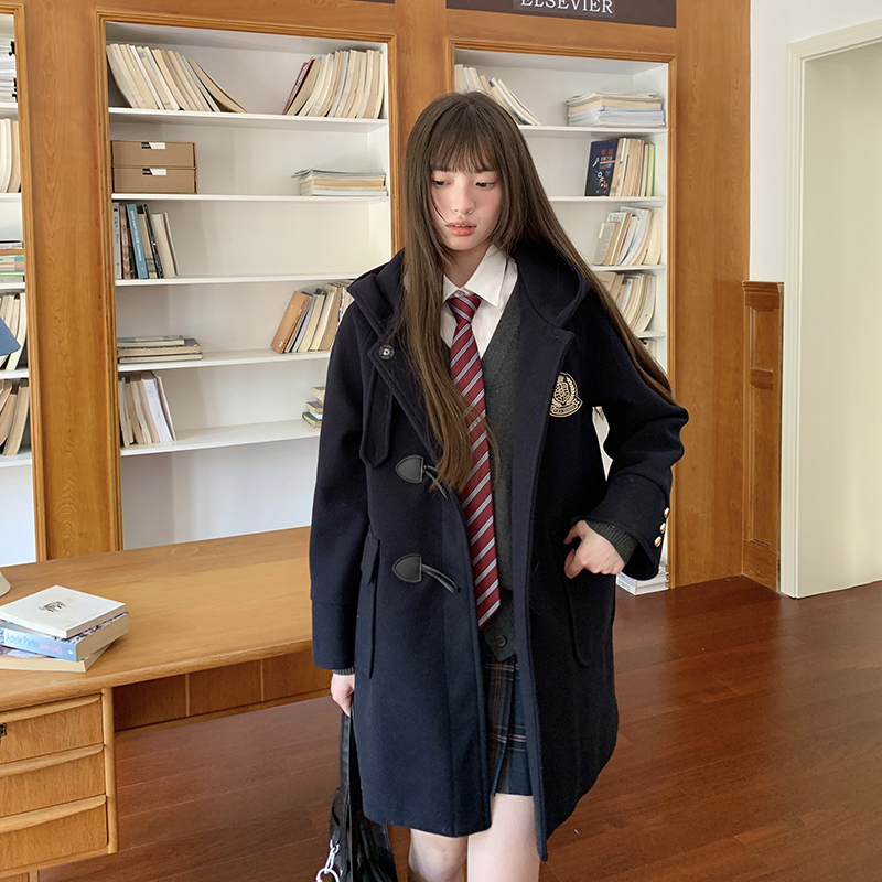 东京岁时记jk秋冬季新款高级外套牛角扣夹棉学院风中长款保暖大衣