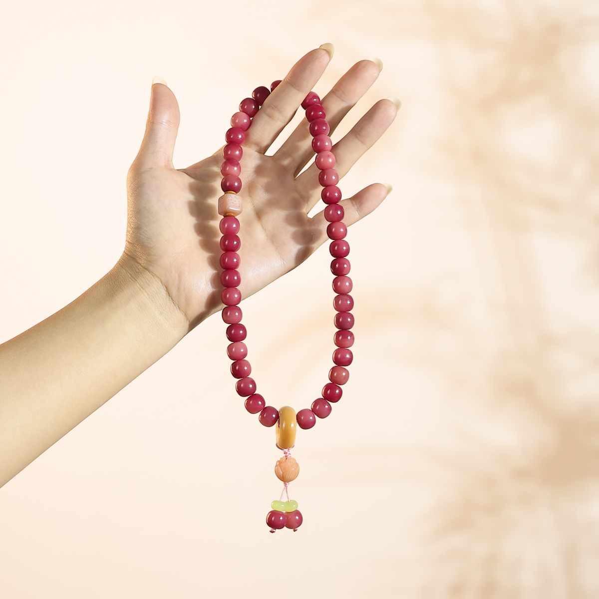 石榴花开 菩提手串手持双圈 喜怒哀乐雕刻莲花菩提吊坠 送盘玩袋