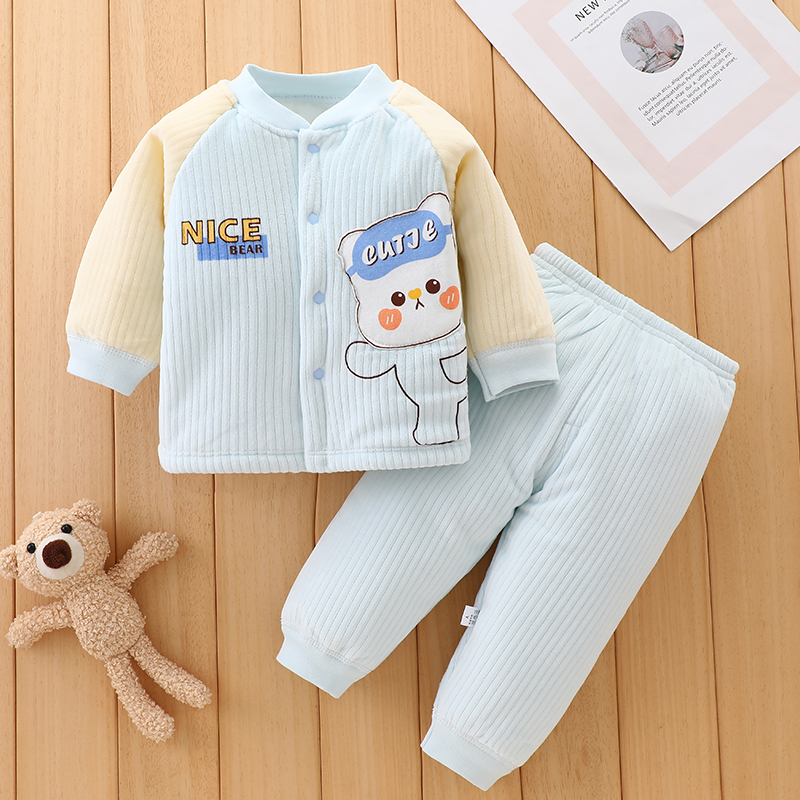 婴儿套装秋冬新生儿衣服夹棉加绒加厚冬季外穿宝宝保暖内衣两件套