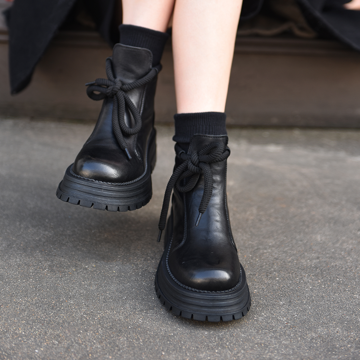 Artmu阿木厚底短靴马丁靴女款新款手抓纹牛皮女靴子踝靴7188