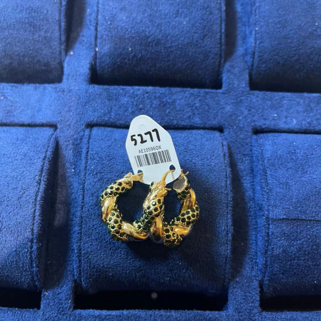 金色环绕麻花绿点闪亮方形耳圈耳钉 5277