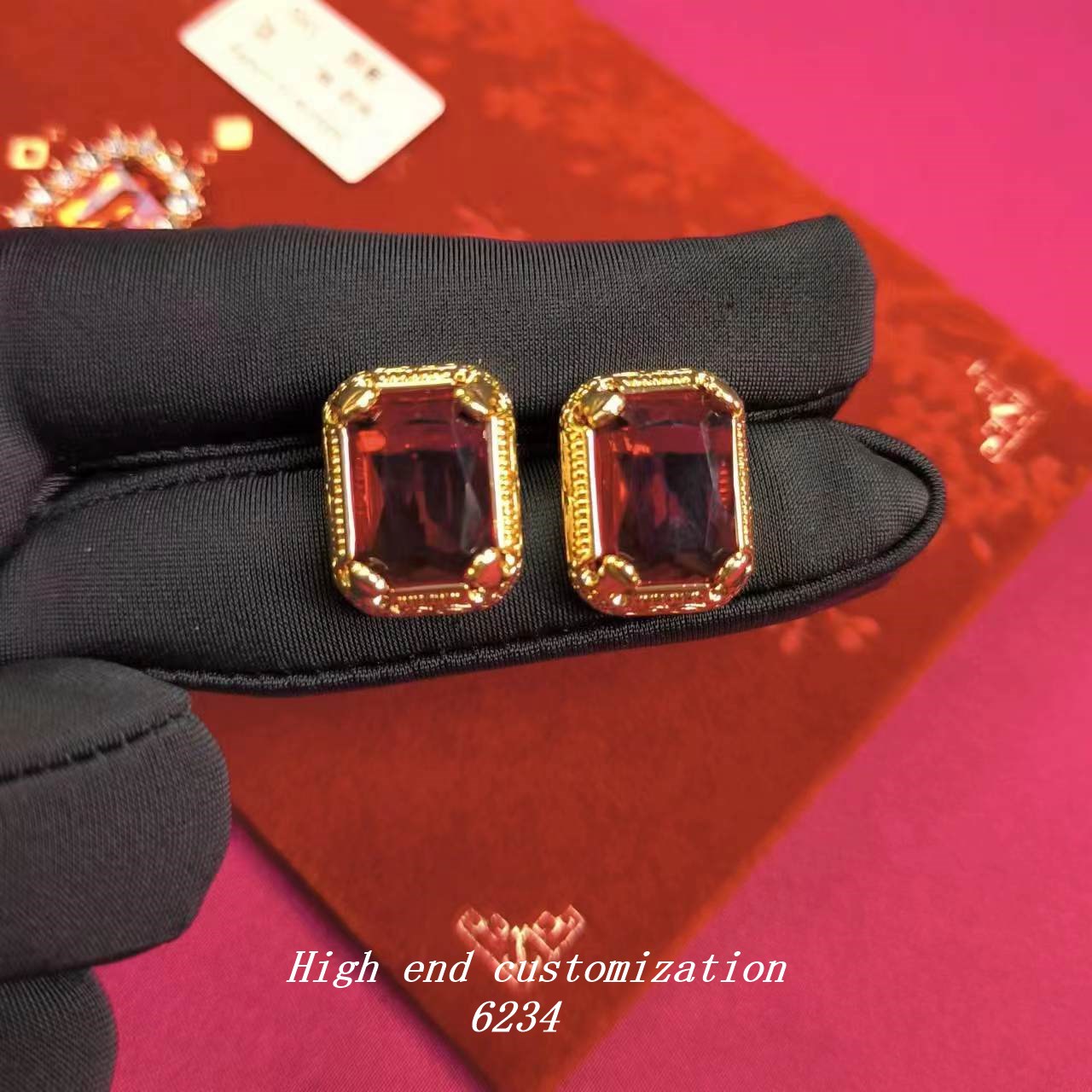 红色长方形闪亮璀璨高定款欧洲文艺中古耳环 6234