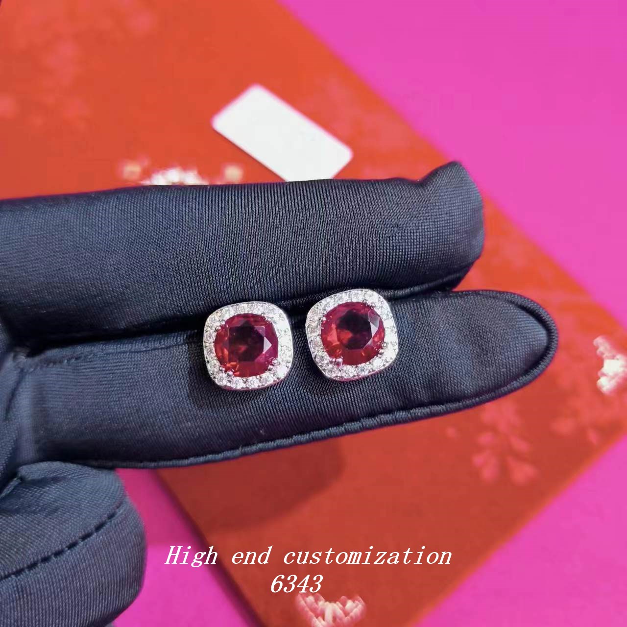 红色圆形闪亮璀璨简约欧美出口高定设计耳环 6343