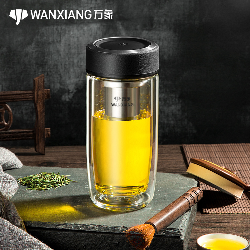 万象鹅蛋玻璃杯高档耐热经典皮纹车载家用便携双层隔热泡茶水杯