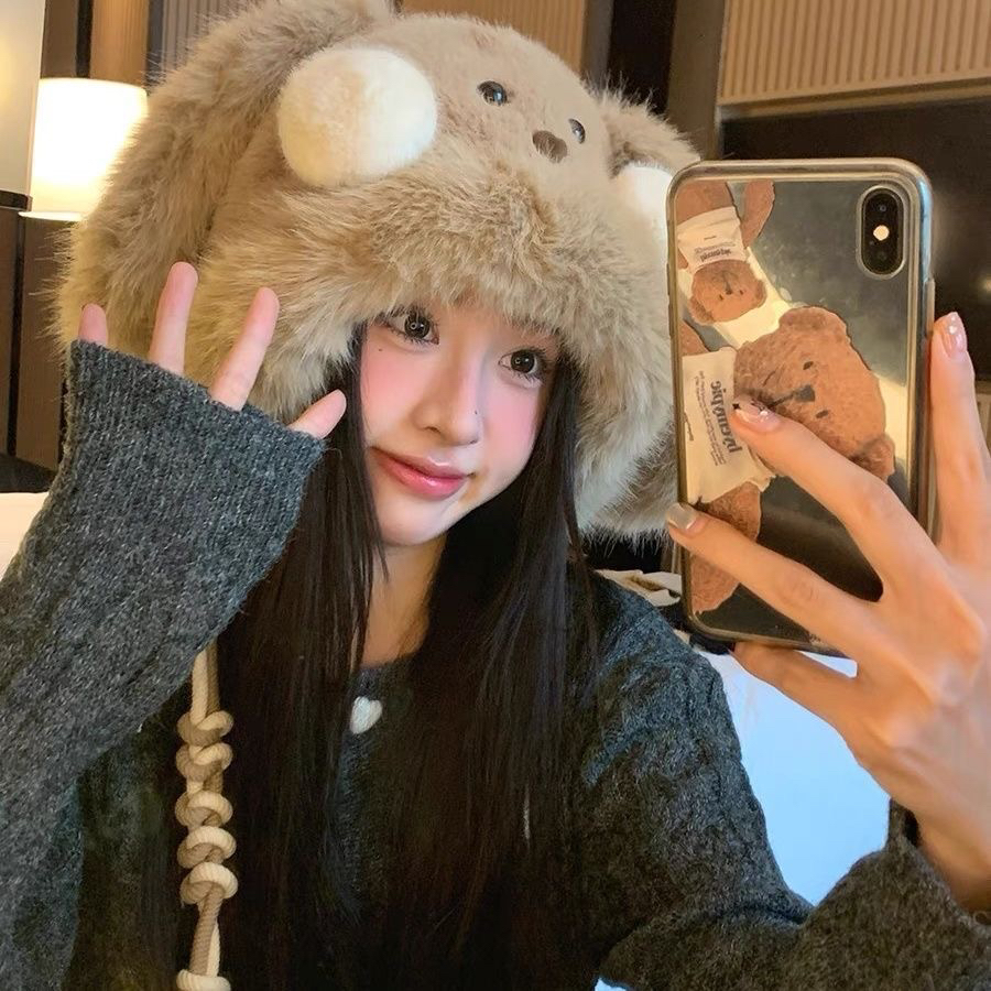 091帽子韩版可爱小熊耳朵毛绒帽加绒加厚骑行绿色网红