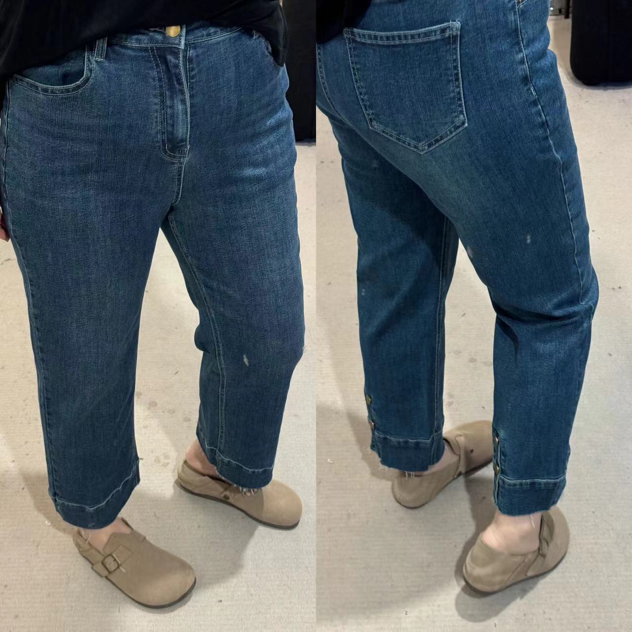 晶咕【法棍裤】高腰直筒烟管牛仔裤直筒蓝色时尚休闲百搭纽扣