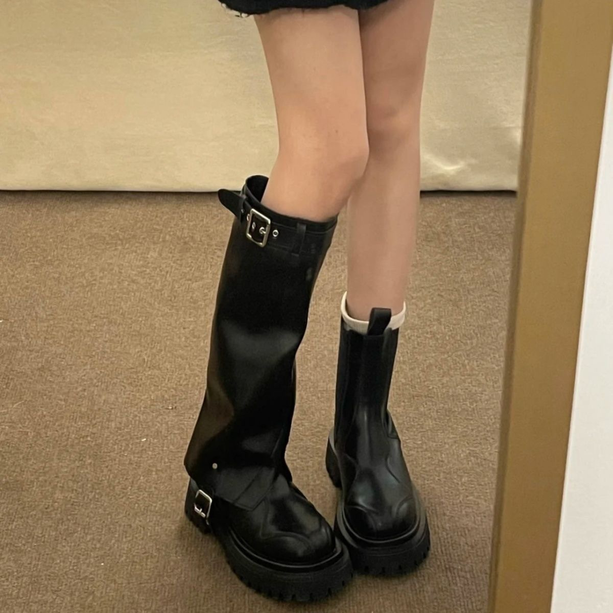 回力潮品两穿短靴长靴女2023新款韩版设计感厚底小众裤管烟筒靴