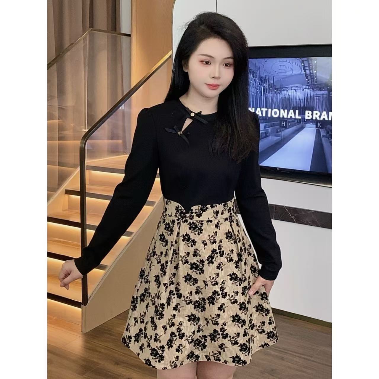 大梦微胖定制【LDM980】时尚复古遮肚气质显瘦藏肉长袖连衣裙