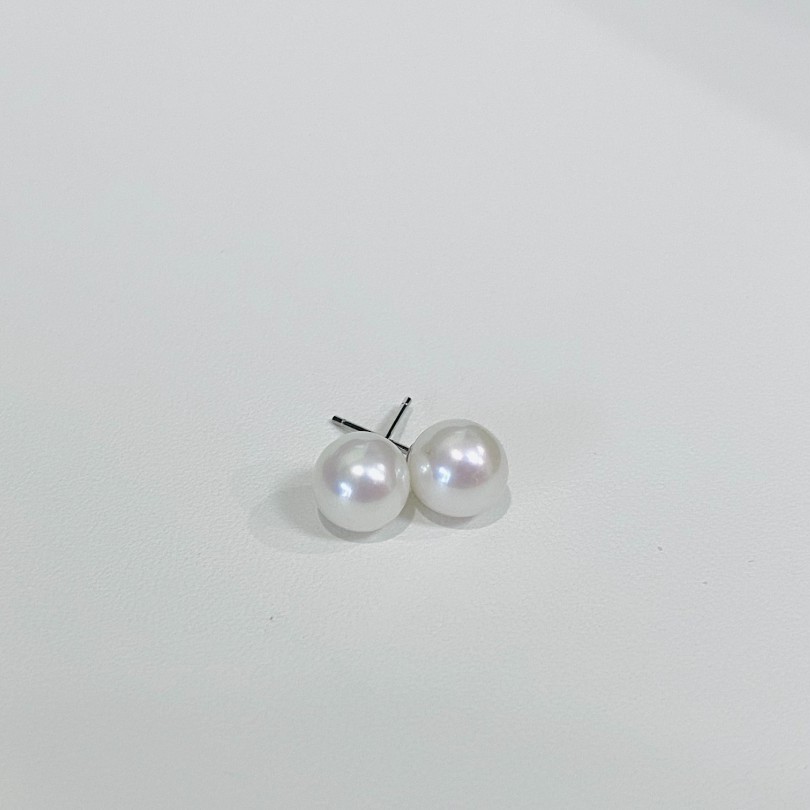 925银淡水珍珠耳钉6-8mm近正圆几乎无暇白色气质经典精致珍珠饰品