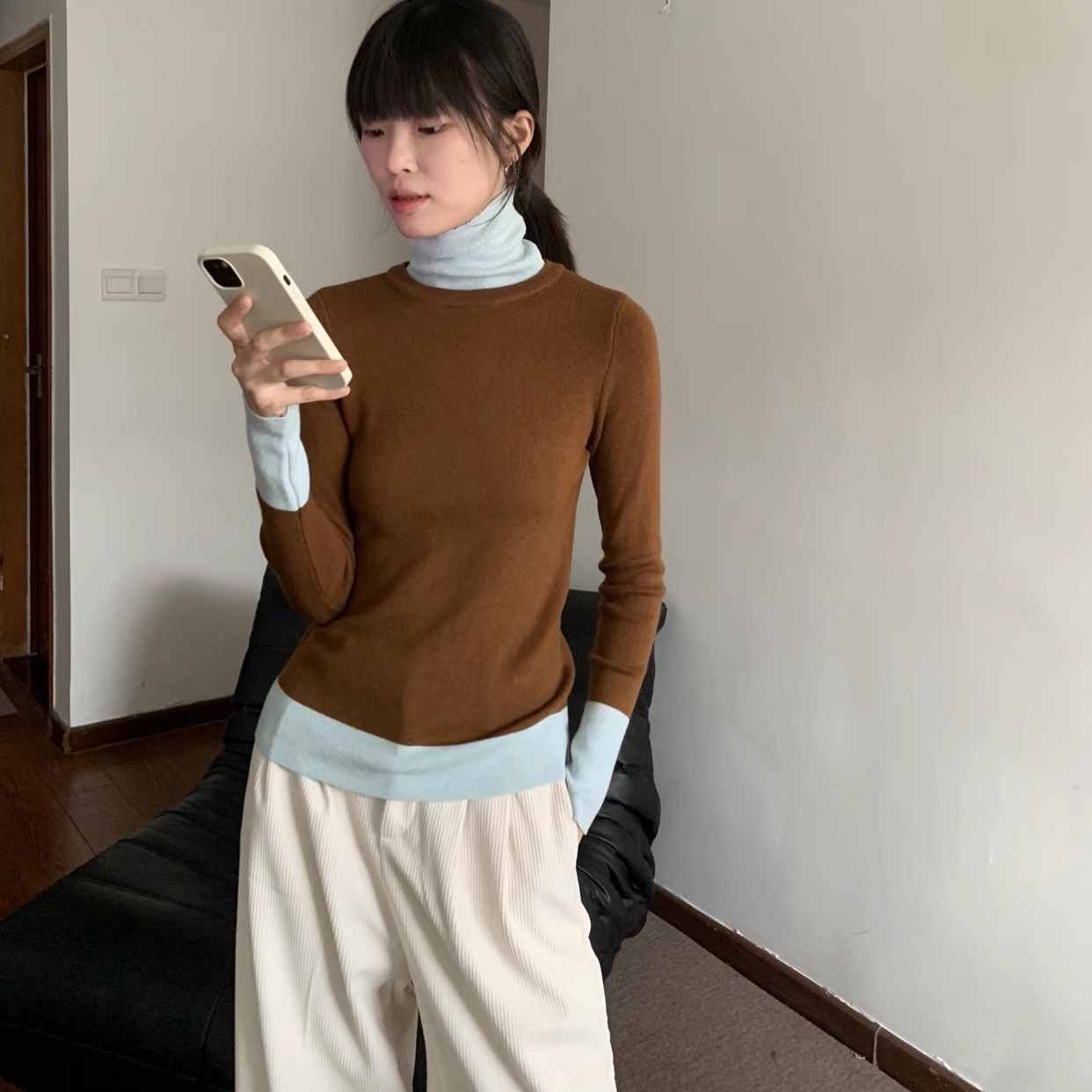 法式假两件高领打底衫女秋冬季软糯毛衣大衣内搭叠穿长袖针织上衣