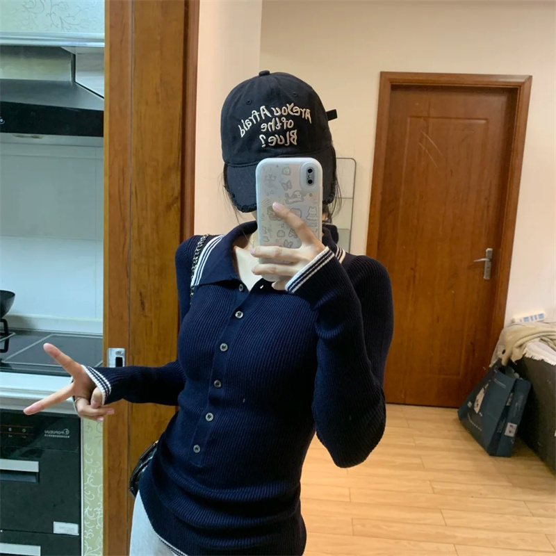 韩系复古藏蓝色Polo领长袖针织衫女秋季新款修身显瘦内搭打底上衣