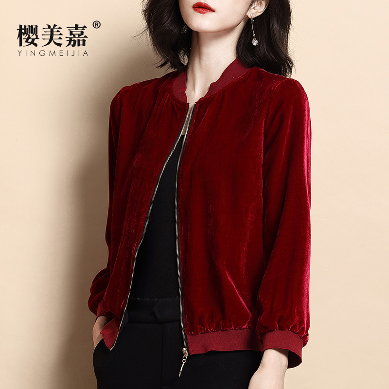 【断码清仓8924】潮流宽松真丝丝绒夹克衫春秋外套长袖上衣百搭女士