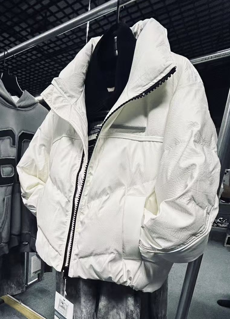 痞帅立领羽绒服男冬季时尚潮流简约短款皮面面包服拼接加厚保暖