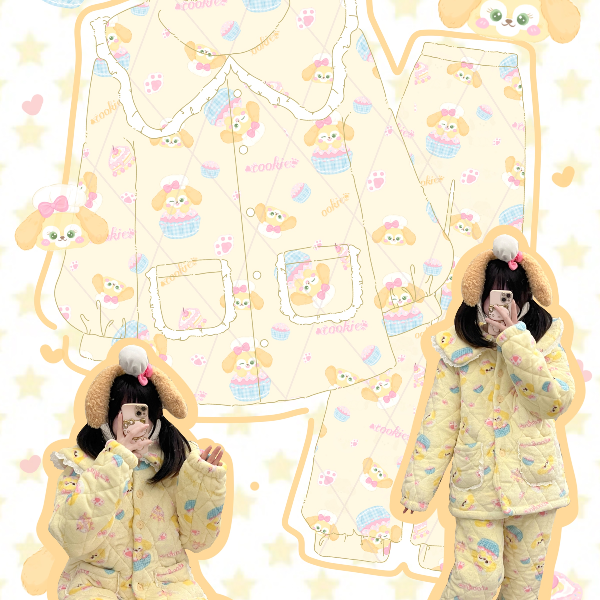 原创！ 饼饼娃娃领珊瑚绒三层夹棉睡衣女可爱加厚少女外穿家居服