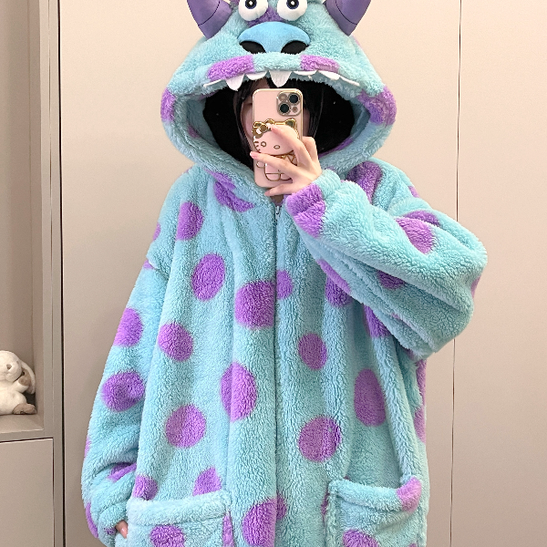 原创！冬季小怪兽连体睡衣女珊瑚绒可爱卡通加厚加绒家居服套装