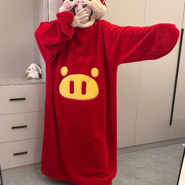 原创！冬季搞怪睡袋睡衣女珊瑚绒可爱卡通加厚加绒家居服套装