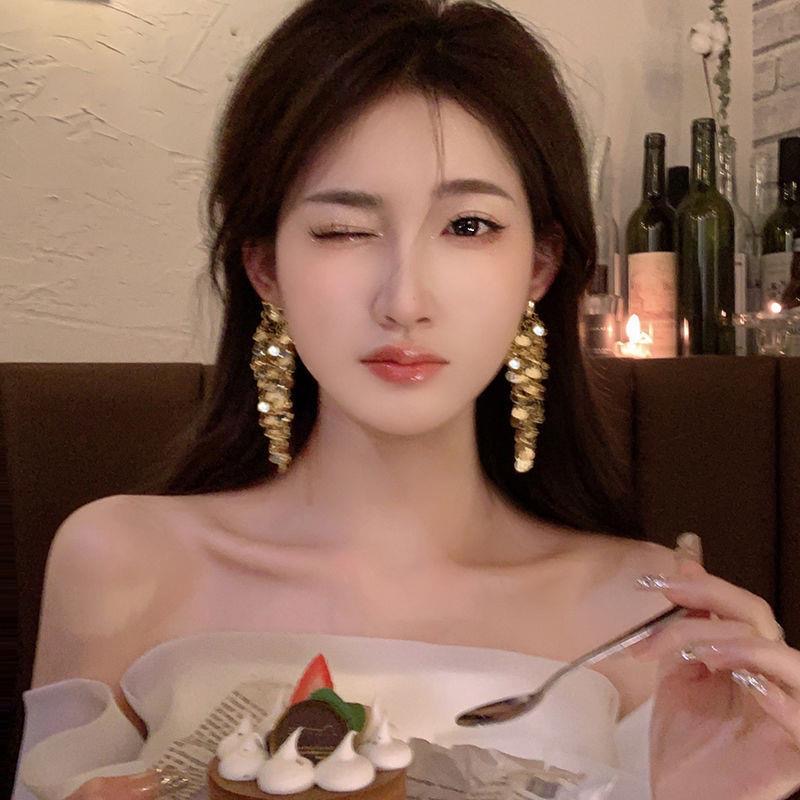 欧美亮片长款流苏耳饰