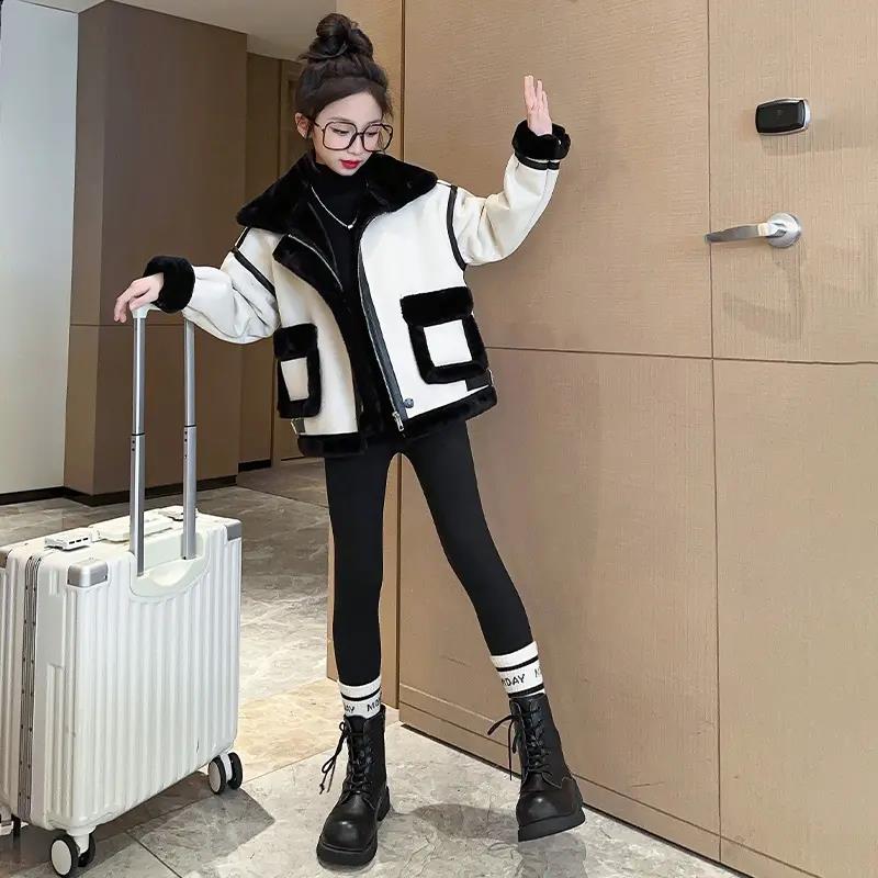 女童外套秋冬2023新款洋派中大童皮毛一体冬装韩版加绒加厚机车服