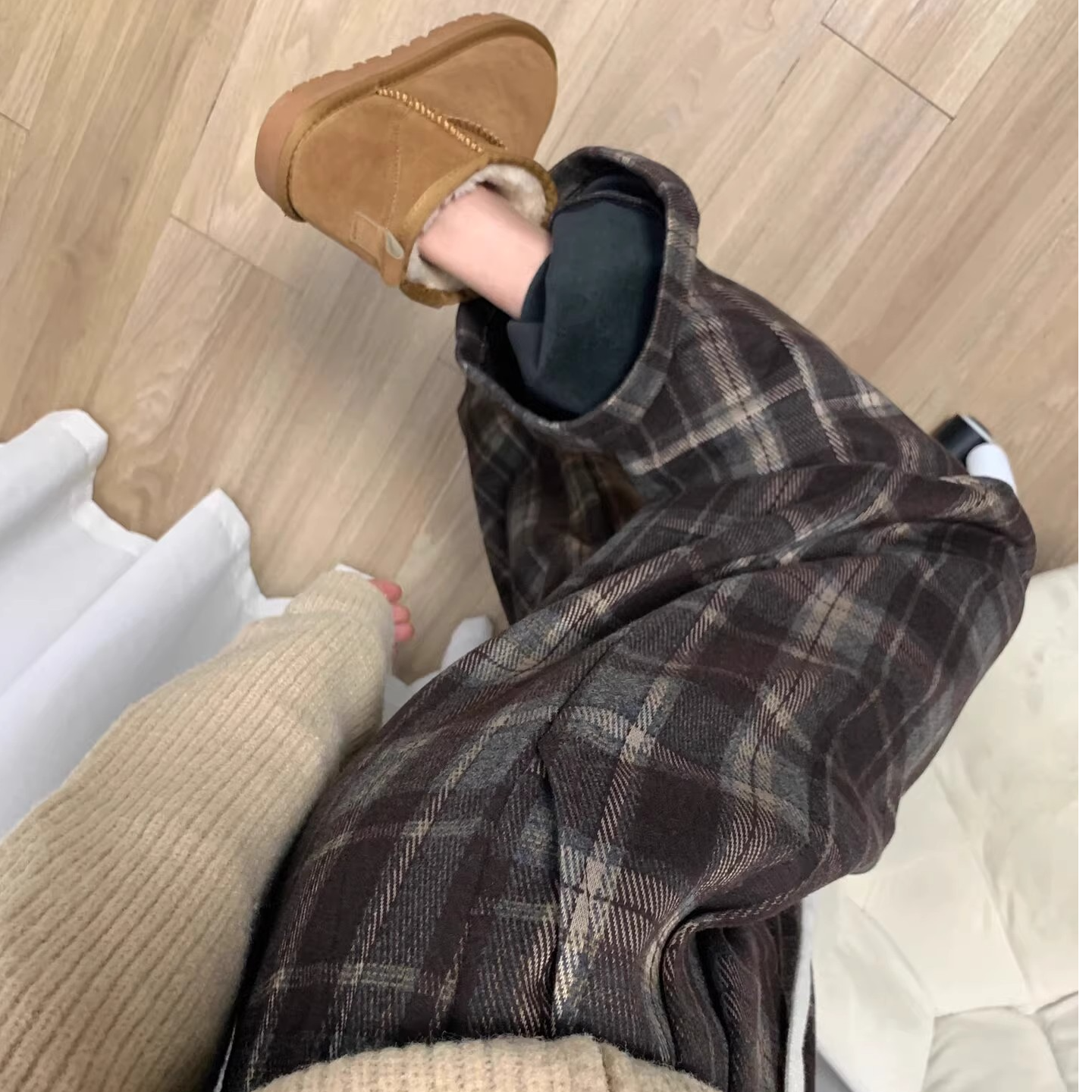 美拉德阔腿格子裤女冬季新款大码梨形身材小个子休闲加绒加厚长裤