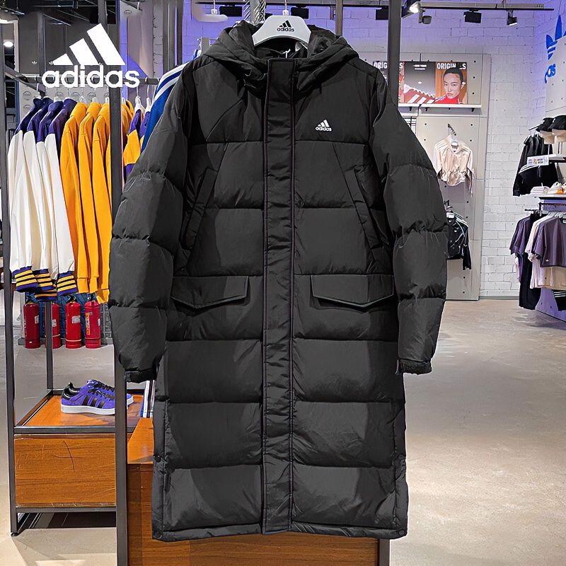 Adidas阿迪达斯男装冬季新款运动服过膝款保暖连帽外套长款中长款