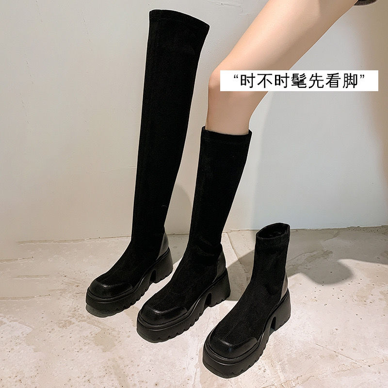 冬季新款时尚过膝辣妹秋款弹力中筒靴女百搭平底显脚港风马丁靴靴