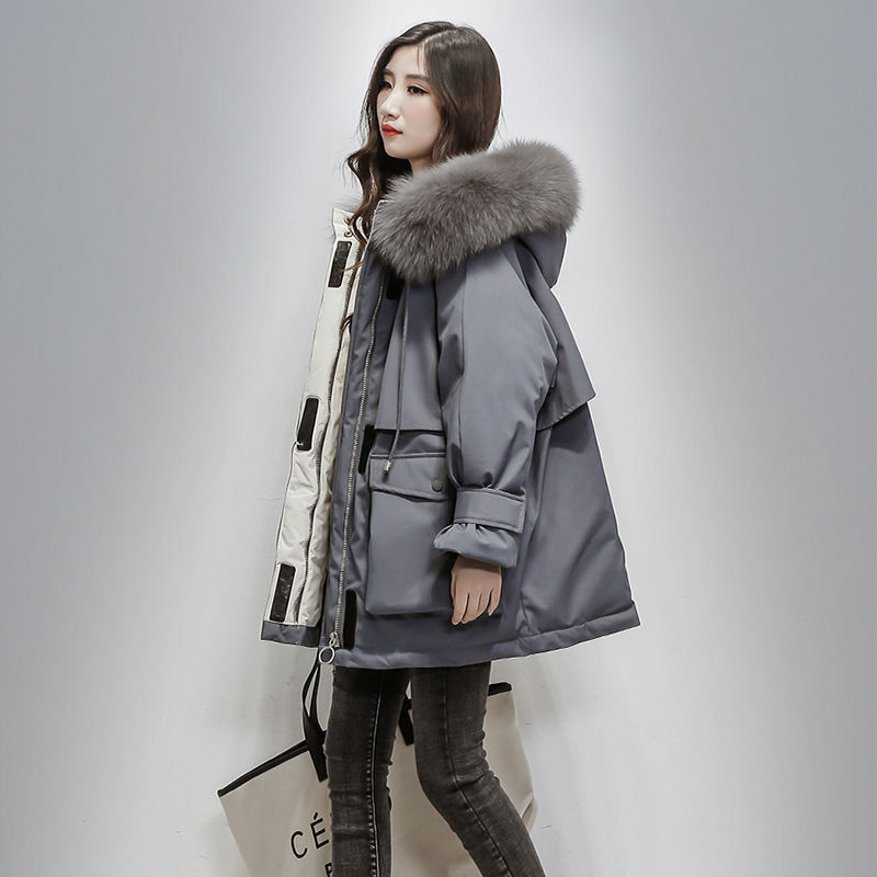 艾莱依新款2023羽绒服反季宽松服女中长款冬季新款大毛领面包