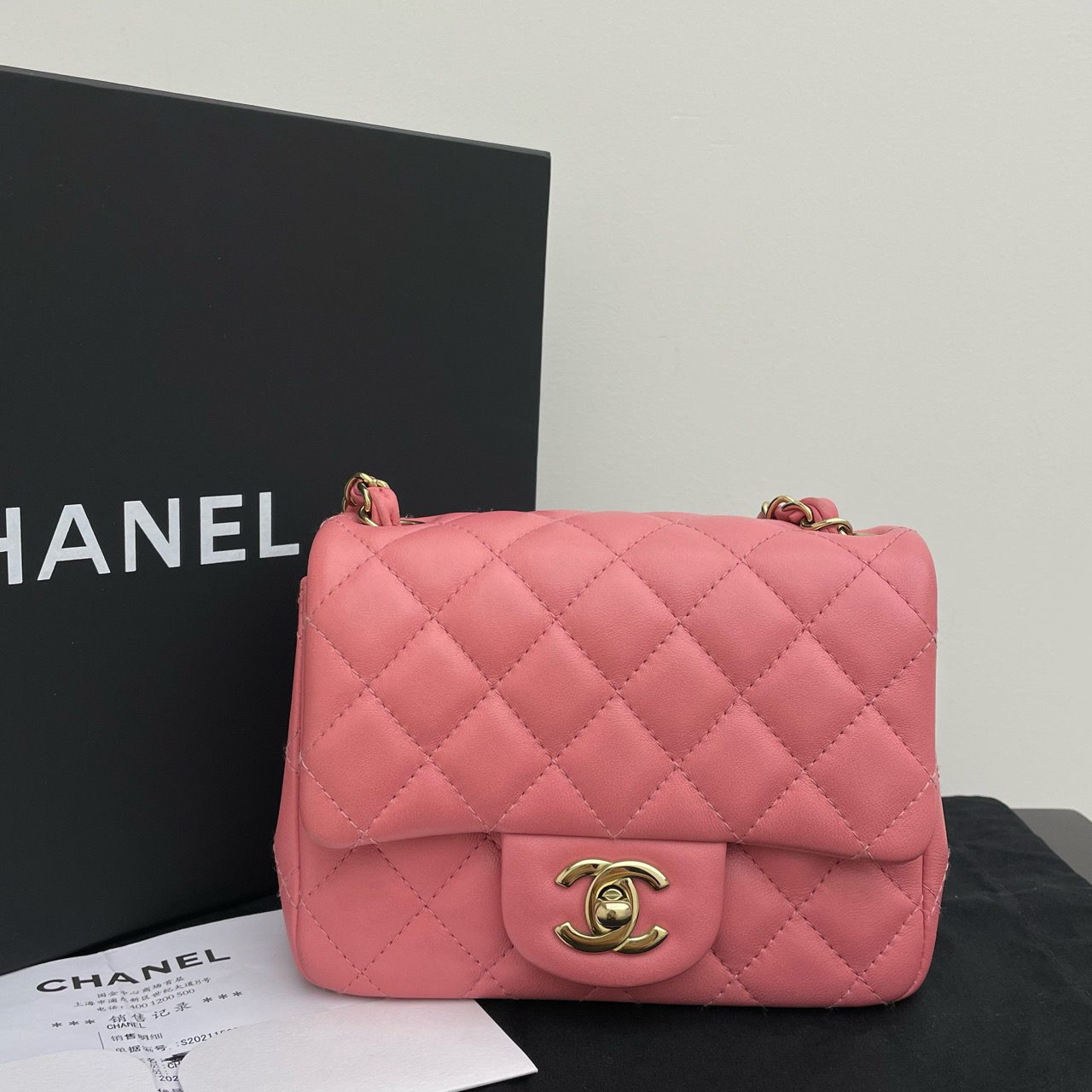 95新 Chanel/香奈儿 CF金扣方胖子经典链条单肩斜挎包 女款粉色