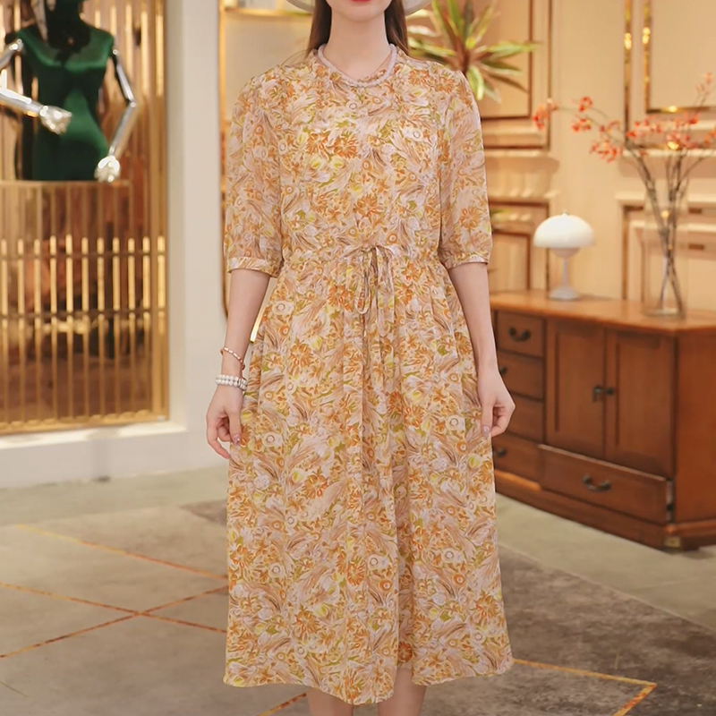 【堇兰桑蚕丝】春夏气质真丝裙印花收腰桑蚕丝连衣裙女YYQ22-680