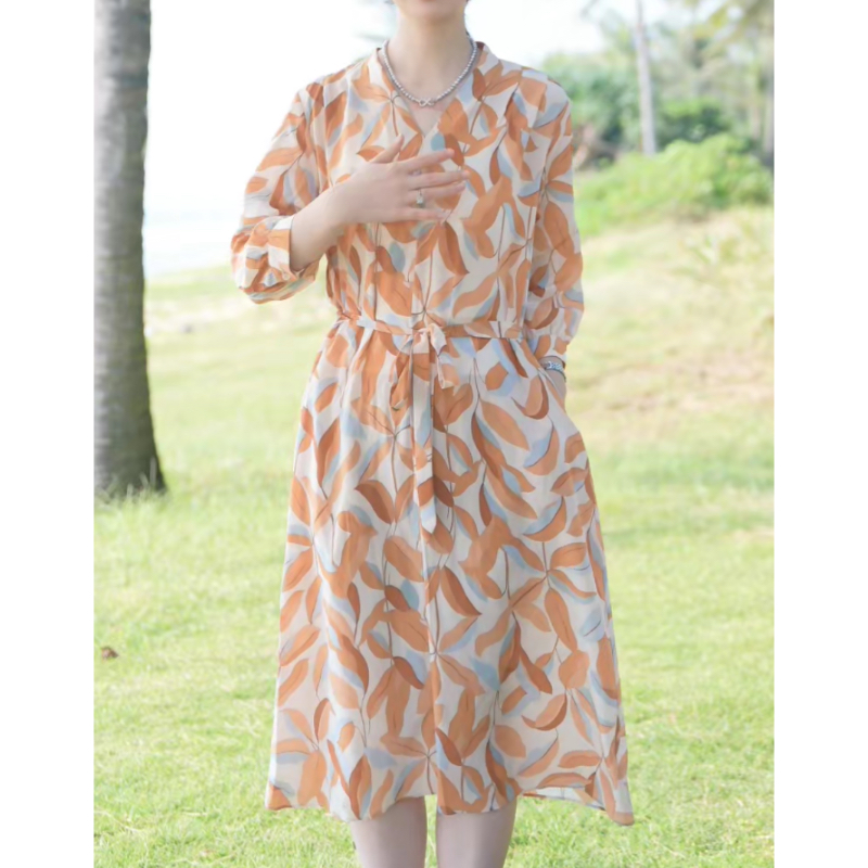 【堇兰】春夏重磅真丝连衣裙气质桑蚕丝修身印花裙子女YYQ22-842