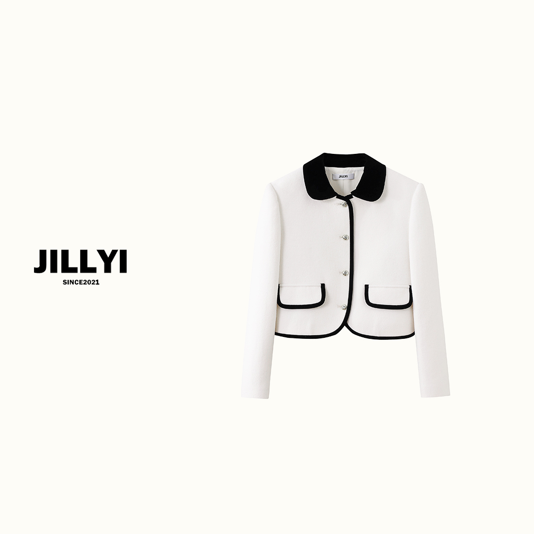 JILLYI南山店【白雾栀子】黑白拼色小香风毛呢开衫短款气质秋冬外套