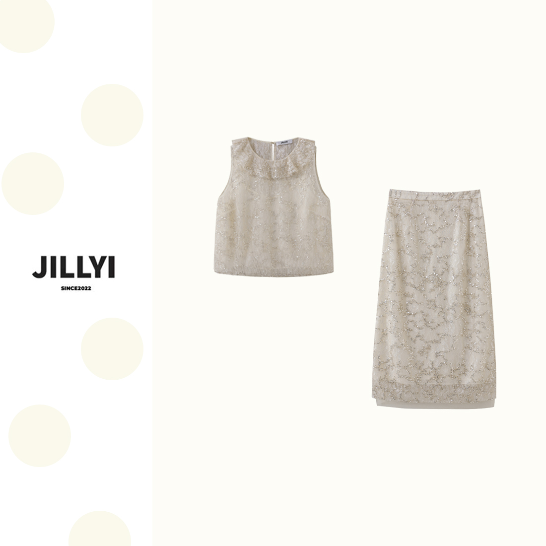 JILLYI南山店【千金小姐】满钻蕾丝翻领大小姐无袖套装气质时尚夏季