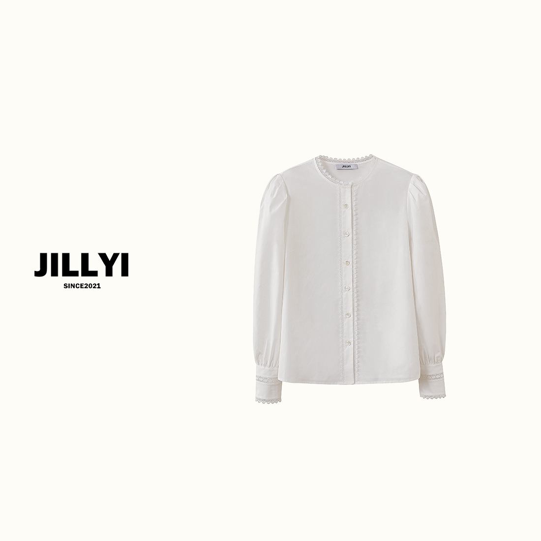 JILLYI南山店【微醺少女】JILLYI法式天花板圆领女士白色蕾丝衬衫