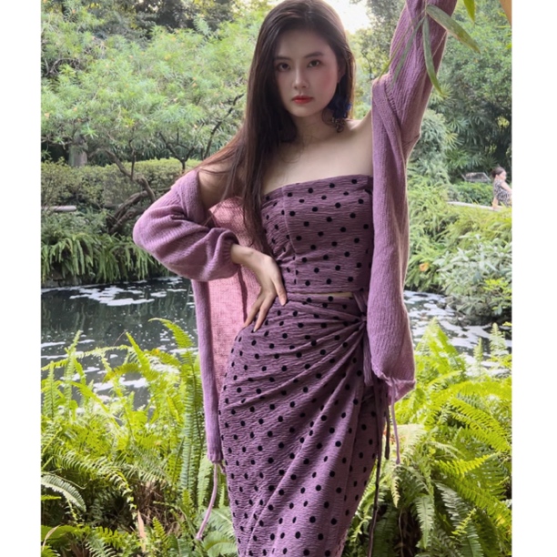 灰小猫 秋冬复古【圆波点】国风印花加厚抹胸上衣+一片半身裙套装女