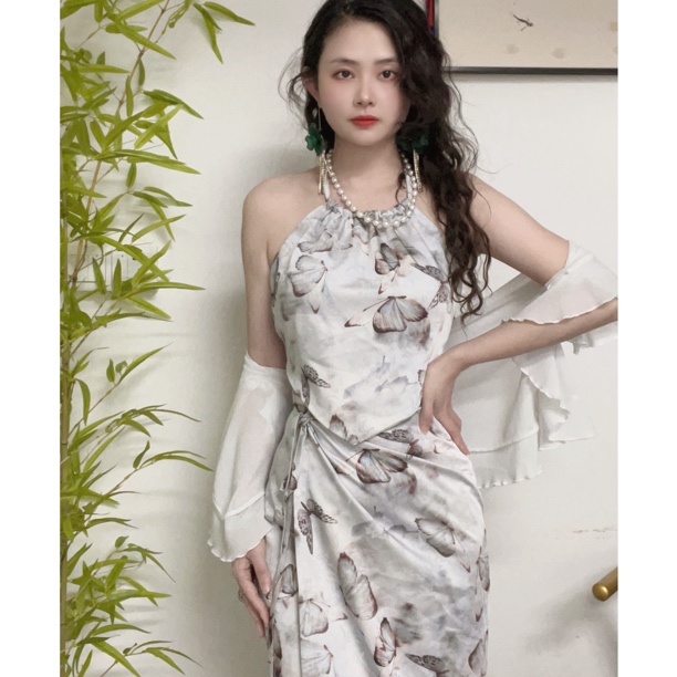 灰小猫 夏季复古【银蝴蝶】新中式国风带胸棉挂脖肚兜+一片裙套装女