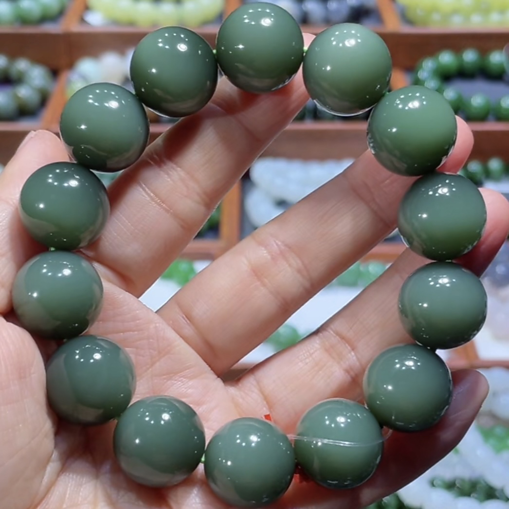 夹层料！和田玉俄料碧玉鸭蛋青瓷蓝猫眼手串16mm