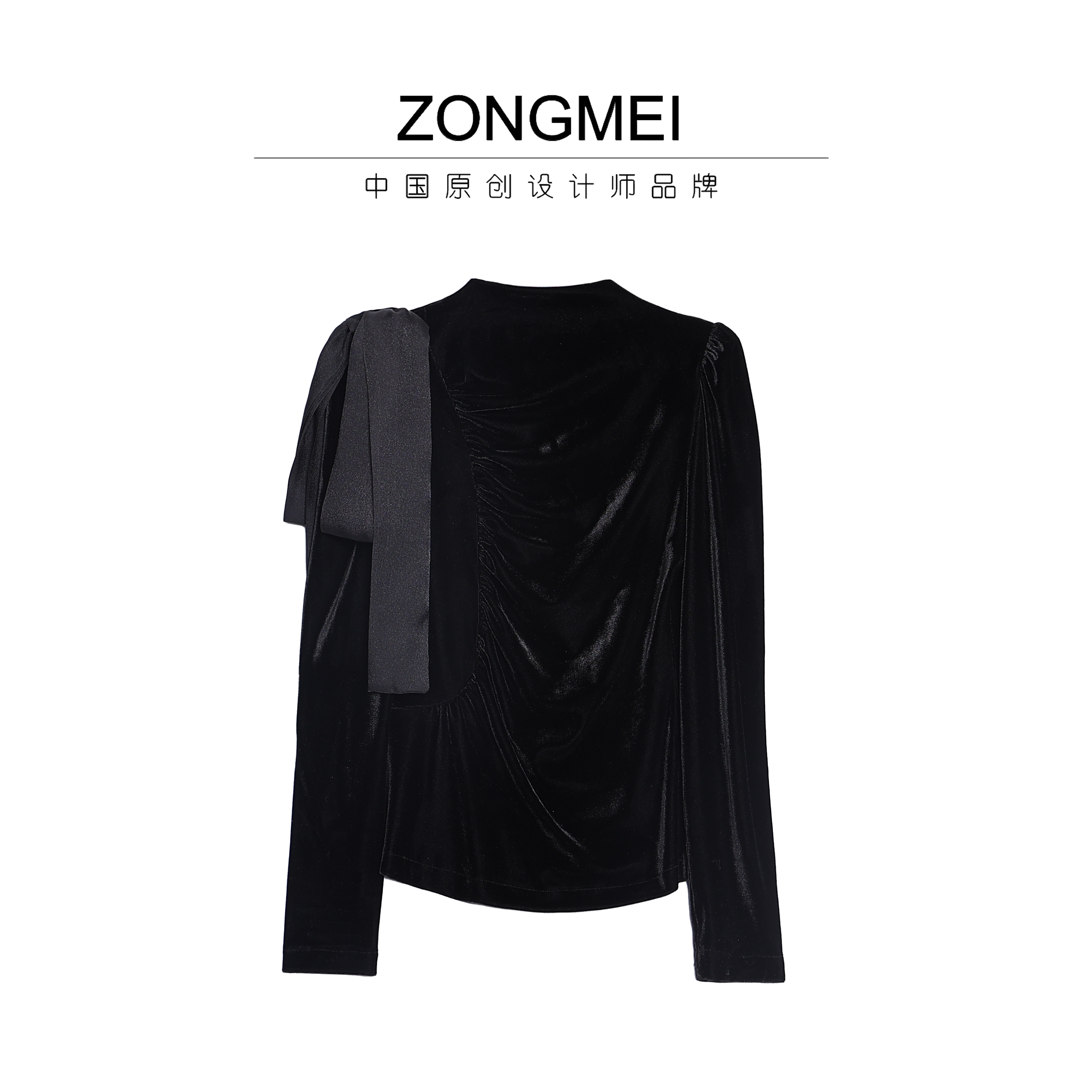 【ZM纵美】高质感蝴蝶结肩扣飘带气质半高领轻奢丝绒小衫上衣225281