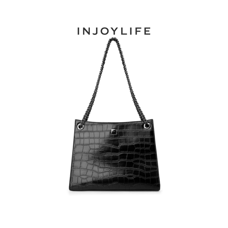 INJOYLIFE方块流浪包时尚牛皮鳄鱼纹链条单肩女包黑色琥珀流光