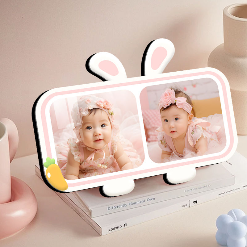 兔子两宫格水晶高清相框摆台宝宝照高颜值来图定制玄关家居装饰品