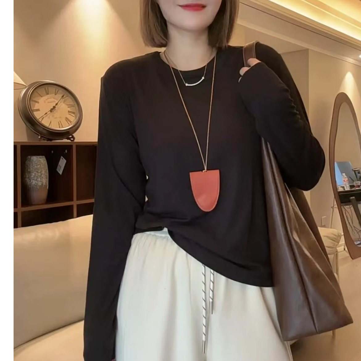 【秋意浓】高品质软糯 醋酸 绵羊毛圆领百搭显瘦长袖打底衫秋季