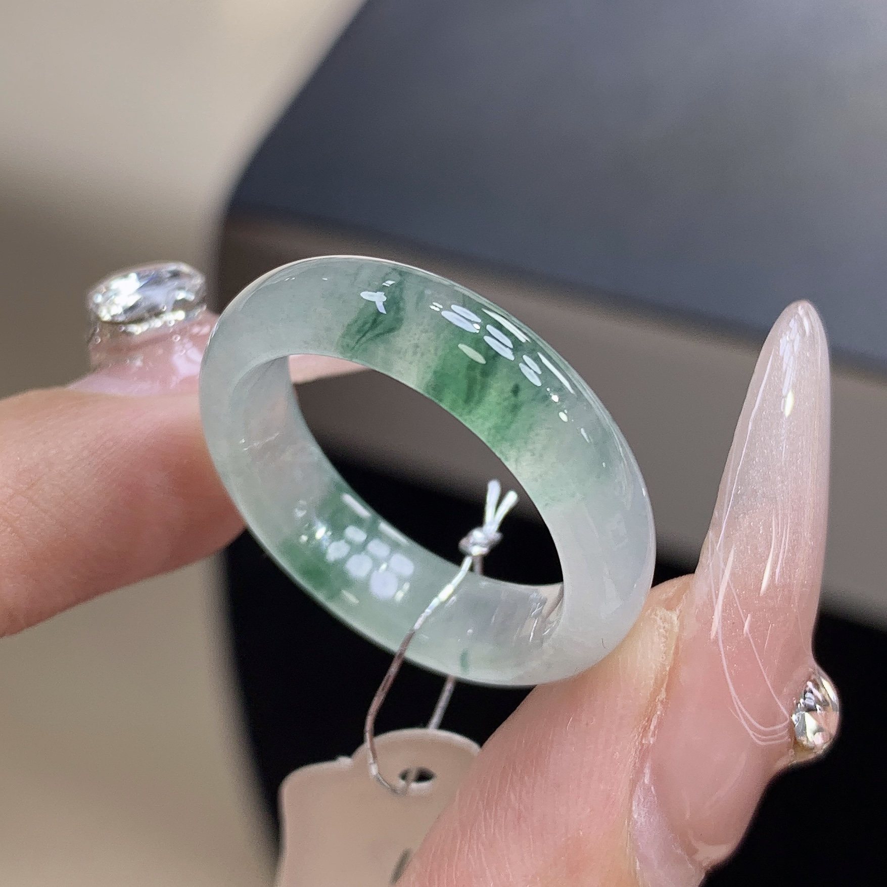 18圈 缅甸天然翡翠 冰飘绿花内弧工艺翡翠戒圈尺寸18.4-5.5-3.5mm