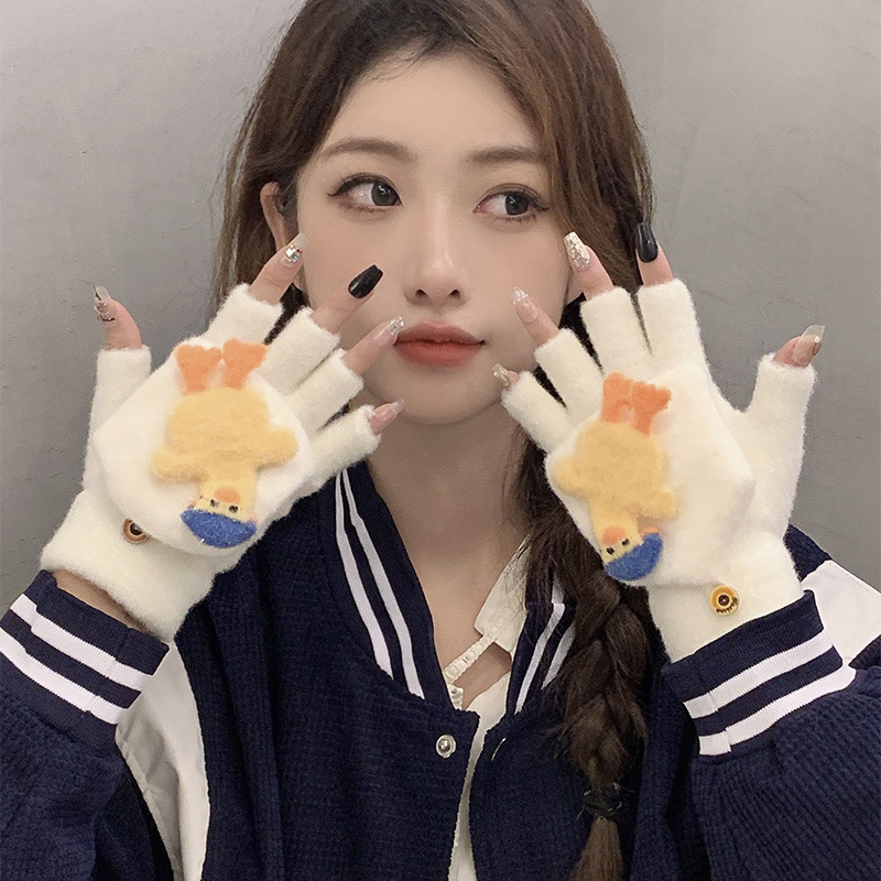 翻盖毛绒手套女可爱卡通保暖手套学生加厚骑行防寒冬天加绒手套