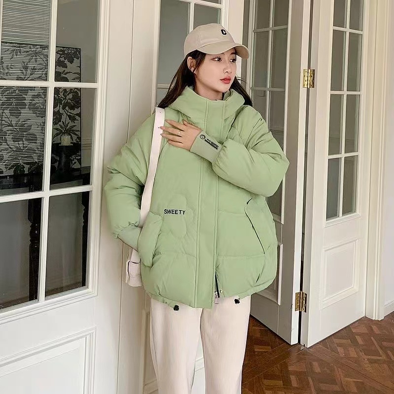 免洗亮面棉服女短款韩版宽松刺绣棉袄加厚保暖时尚棉衣外套216