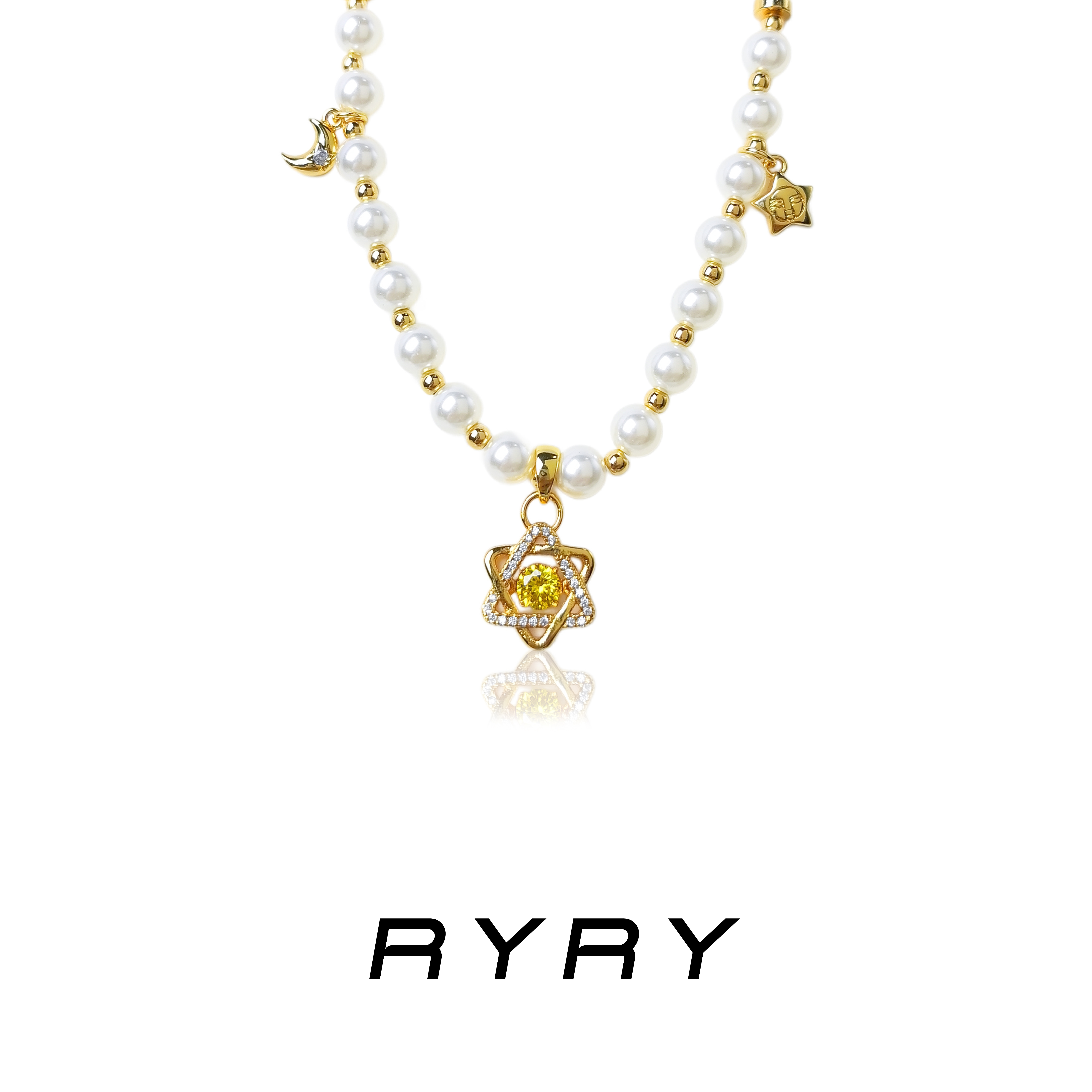 RYRY 铜合金项链 气质时尚百搭精致简约六角星黄色锆锆珠珠项链