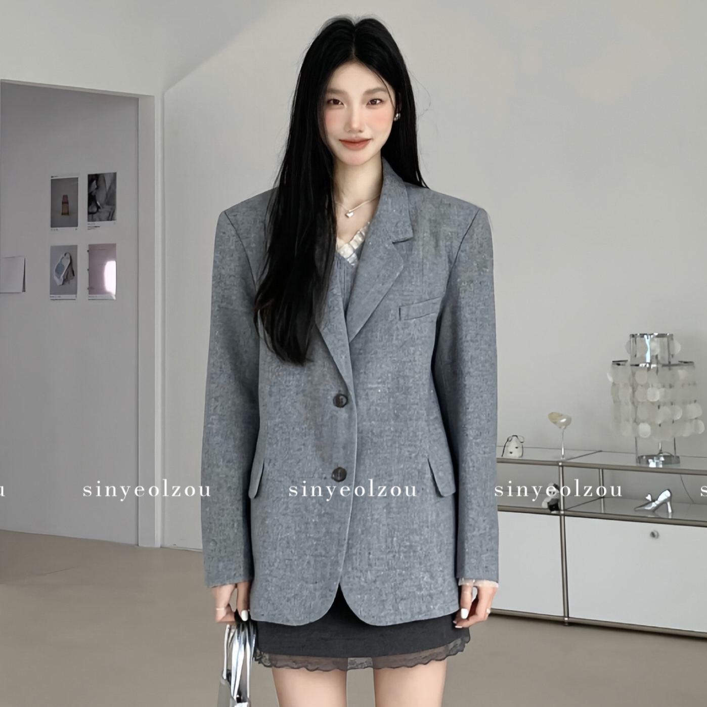 sinyeolzou 高级花灰色夹棉西装 #1067