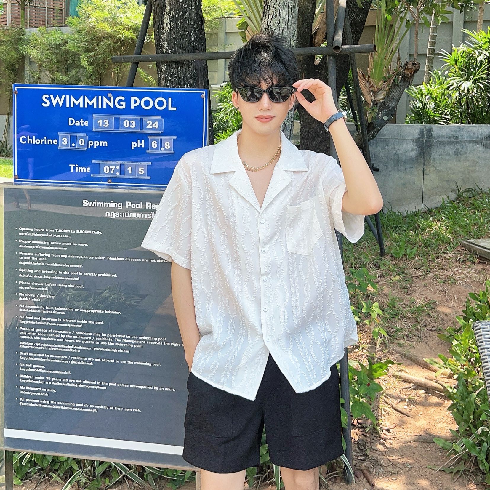 陈大富高级感古巴领提花短袖衬衫男夏季设计感宽松凹凸肌理潮流潮