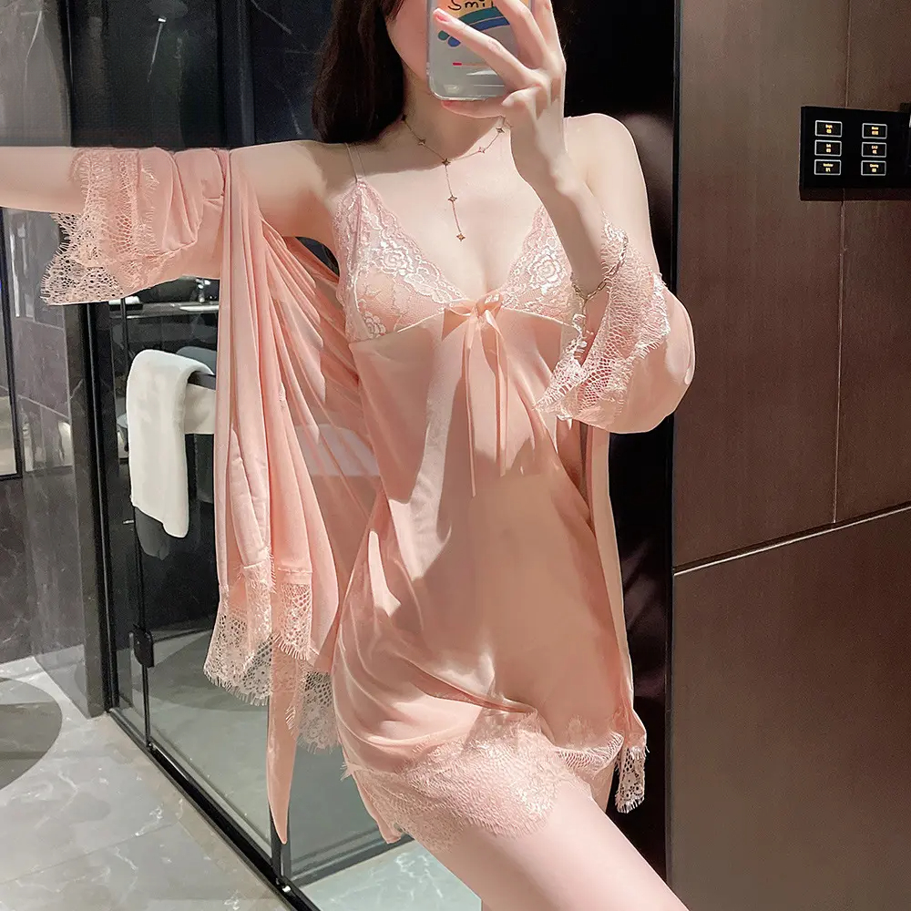 【Nini】薄透蕾丝吊带睡裙纯欲风修身大码睡袍家居服2401