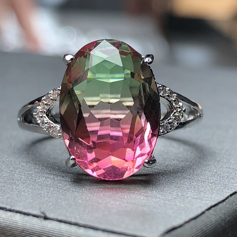 11164红绿西瓜碧戒指银色托6克拉4爪开口可调节