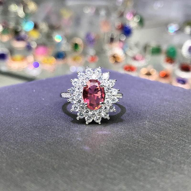 11114 玫红碧戒指银色托开口可调节