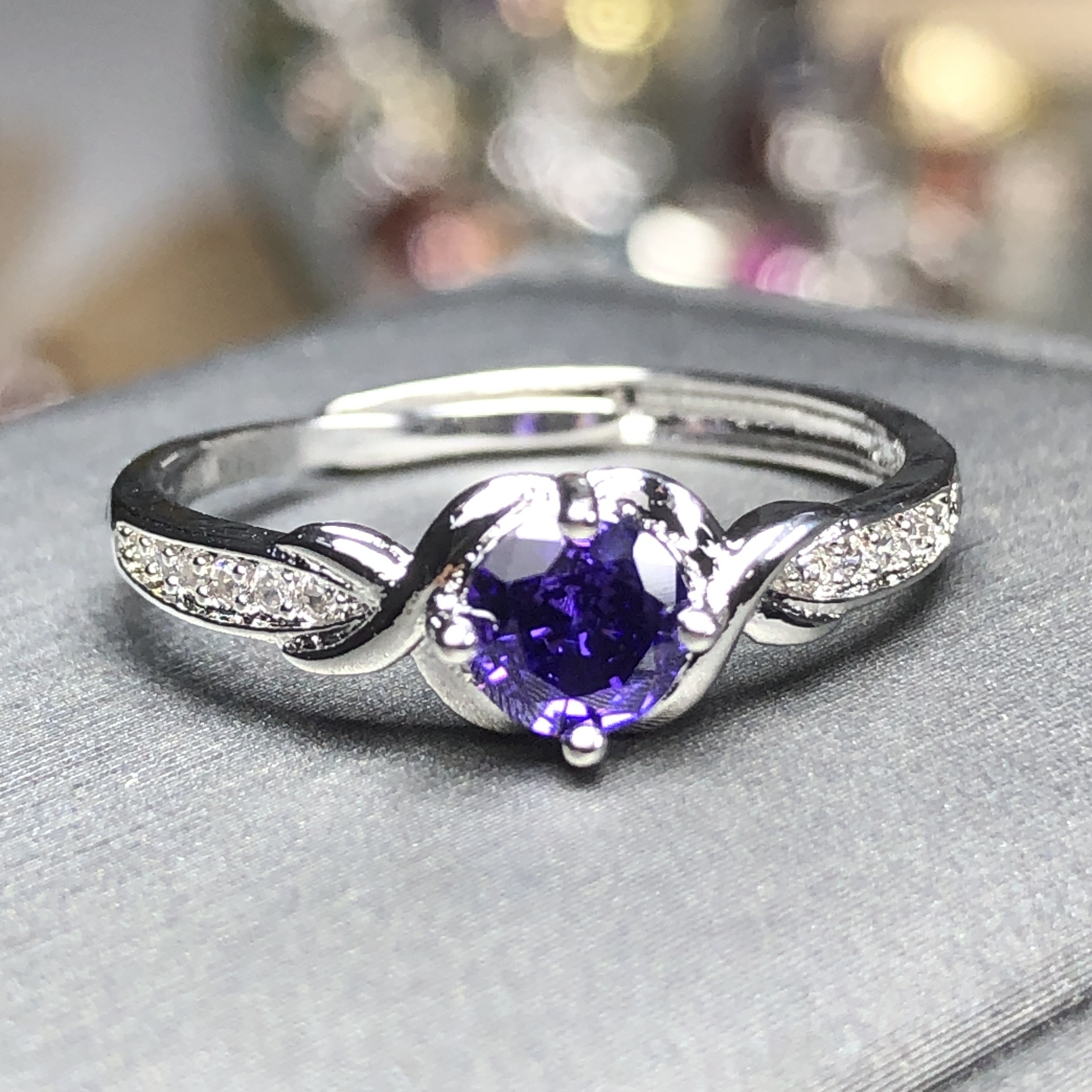 11645 妖紫水戒指银色托开口可调节