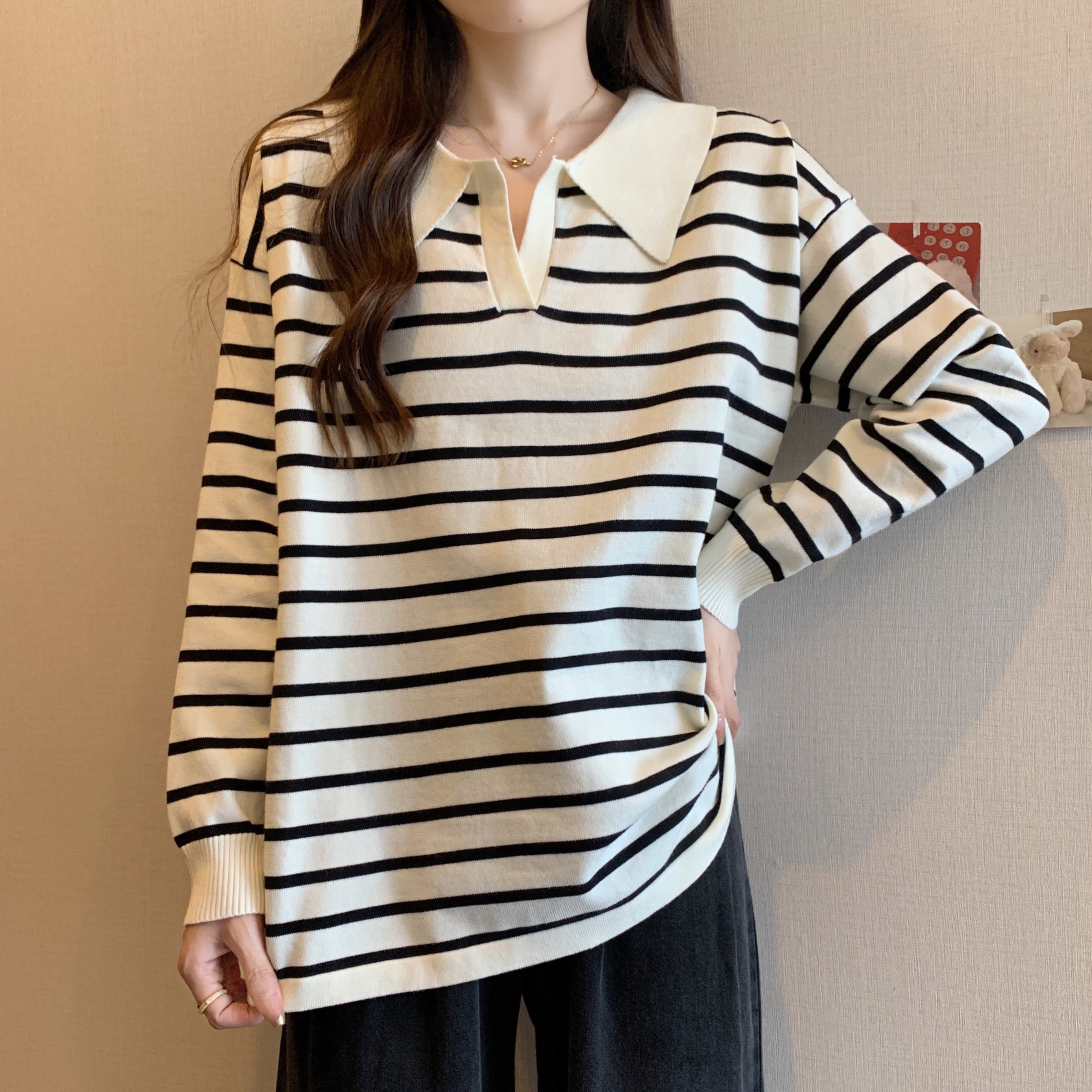 大码东莞大朗工厂polo领条纹长袖毛衣女秋冬胖MM宽松显瘦针织上衣